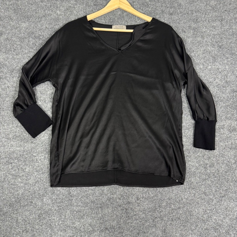 Falconeri Silk V-Neck Blouse Long Sleeve Women Size SBlack Silk Blend EUC